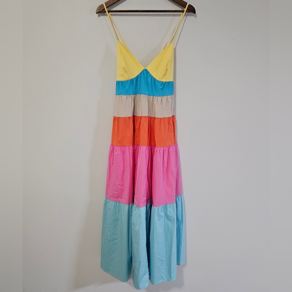 Staud Cleo Rainbow Colorblock Tiered Midi Dress Size Medium